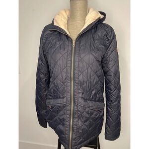 Roxy Quilted Jacket Womens Large Navy Blue Excellent Sherpa Lined Hooded Puffer